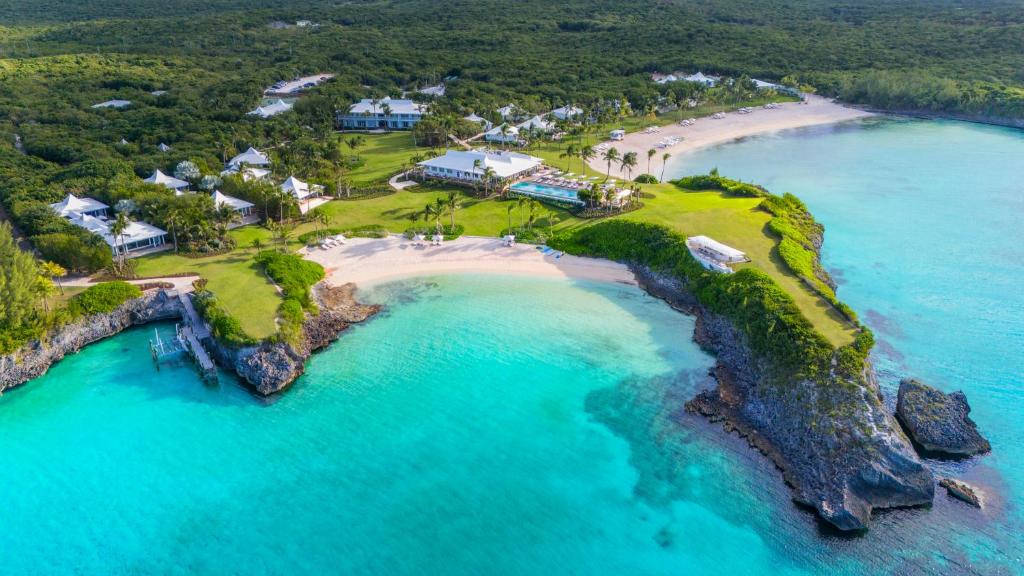Aerial view of a South Eleuthera settlement, beach and turquoise water